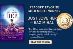 Book cover of Just Love Her by Raz Mihal alongside the Readers’ Favorite Gold Medal Award seal, highlighting the book’s recognition.